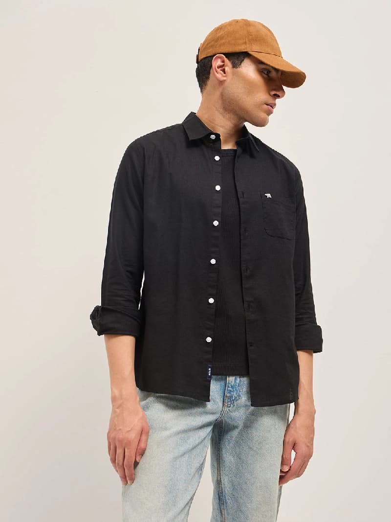 Men's Black Casual Printed Relaxed Fit Shirt