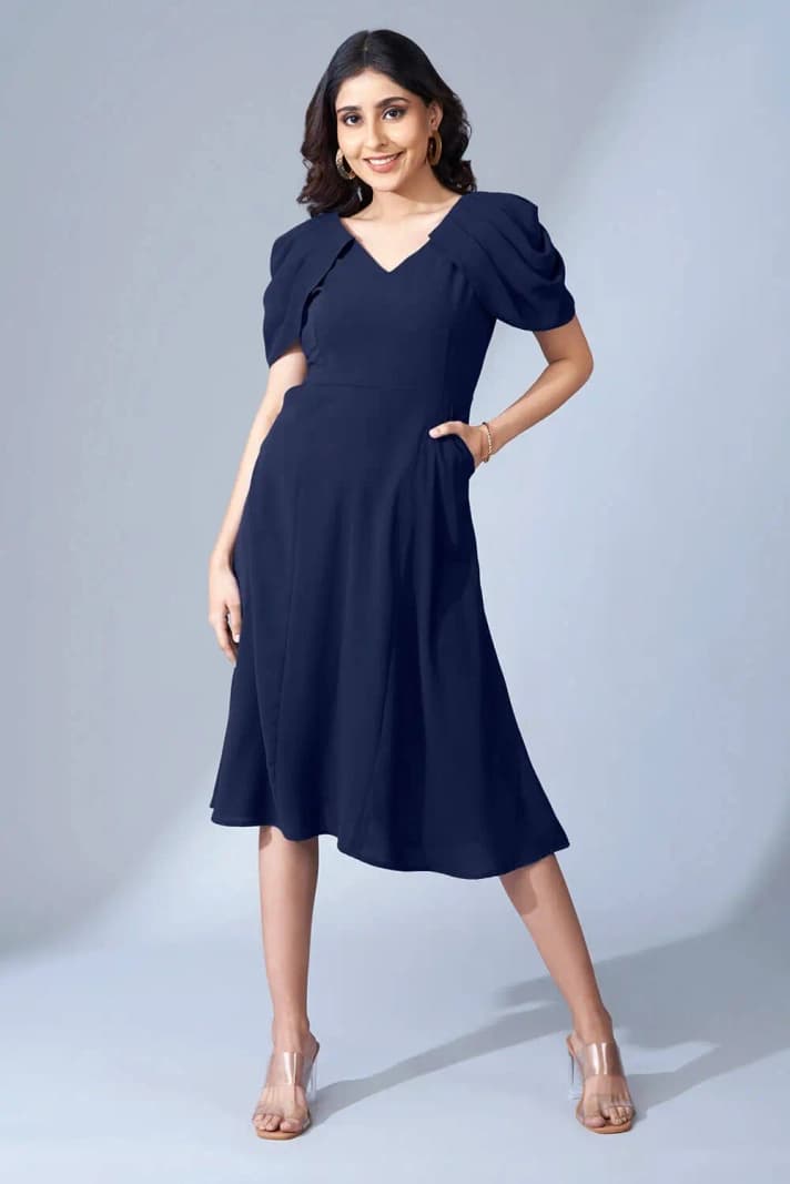 Women's Blue Formal Solid Fit & Flared Dress