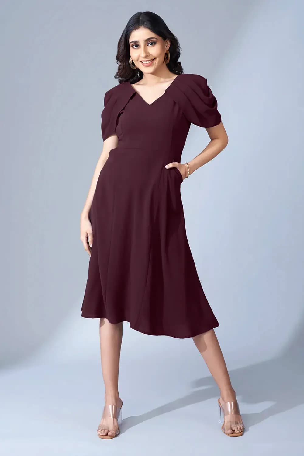 Women's Red Formal Solid Fit & Flared Dress