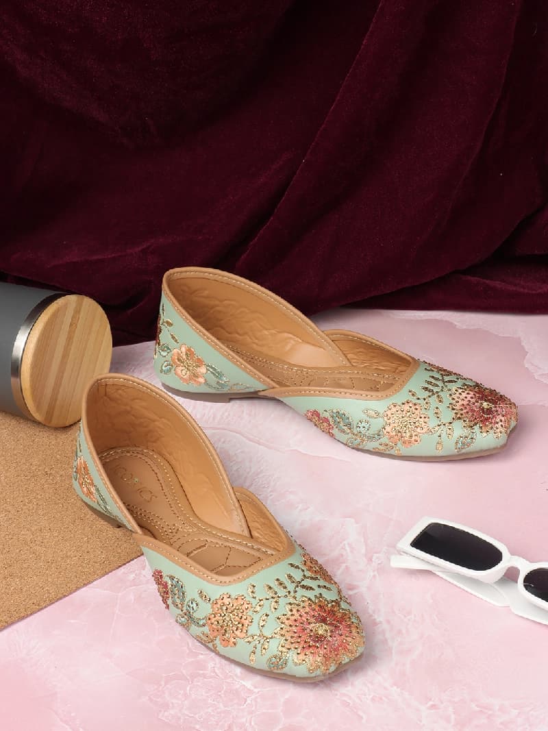Women's Aqua Ethnic Slip-On Casual Mojaris Shoes