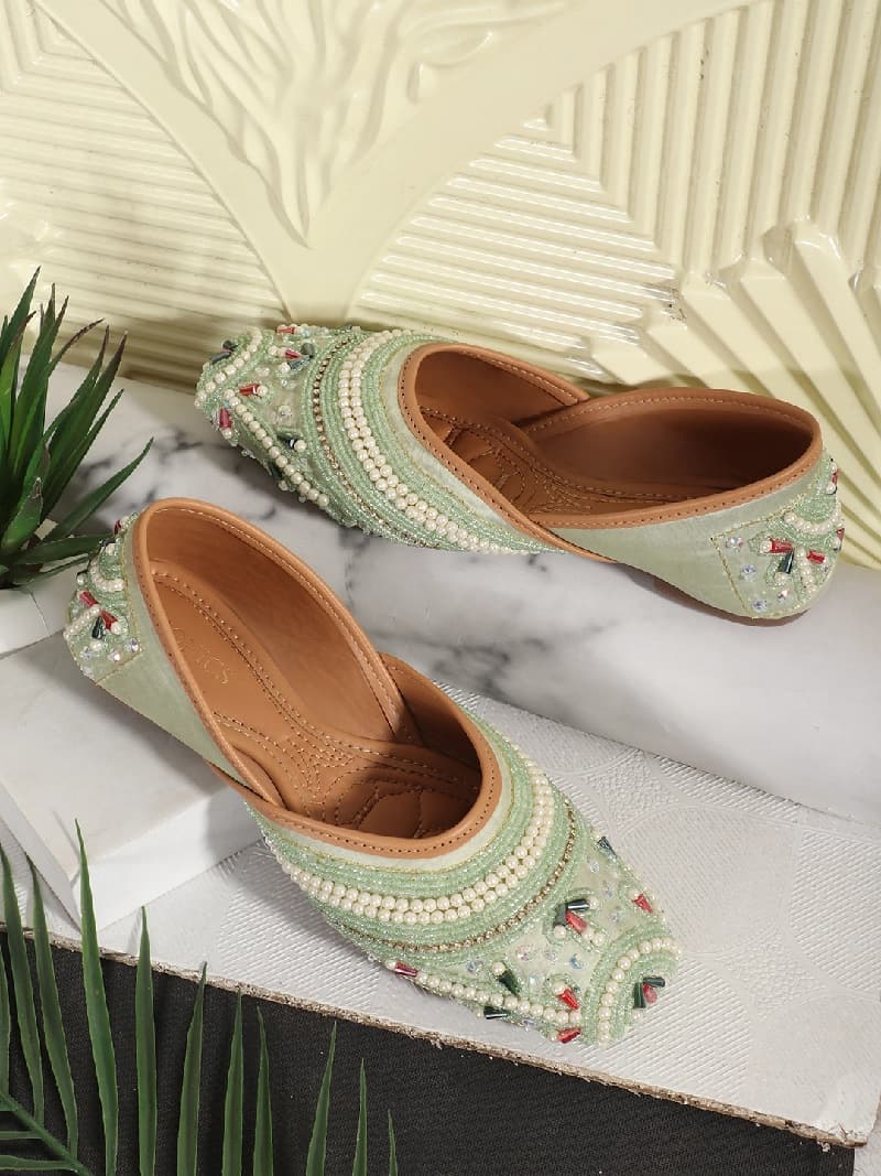 Women's Green Ethnic Slip-On Casual Mojaris Shoes