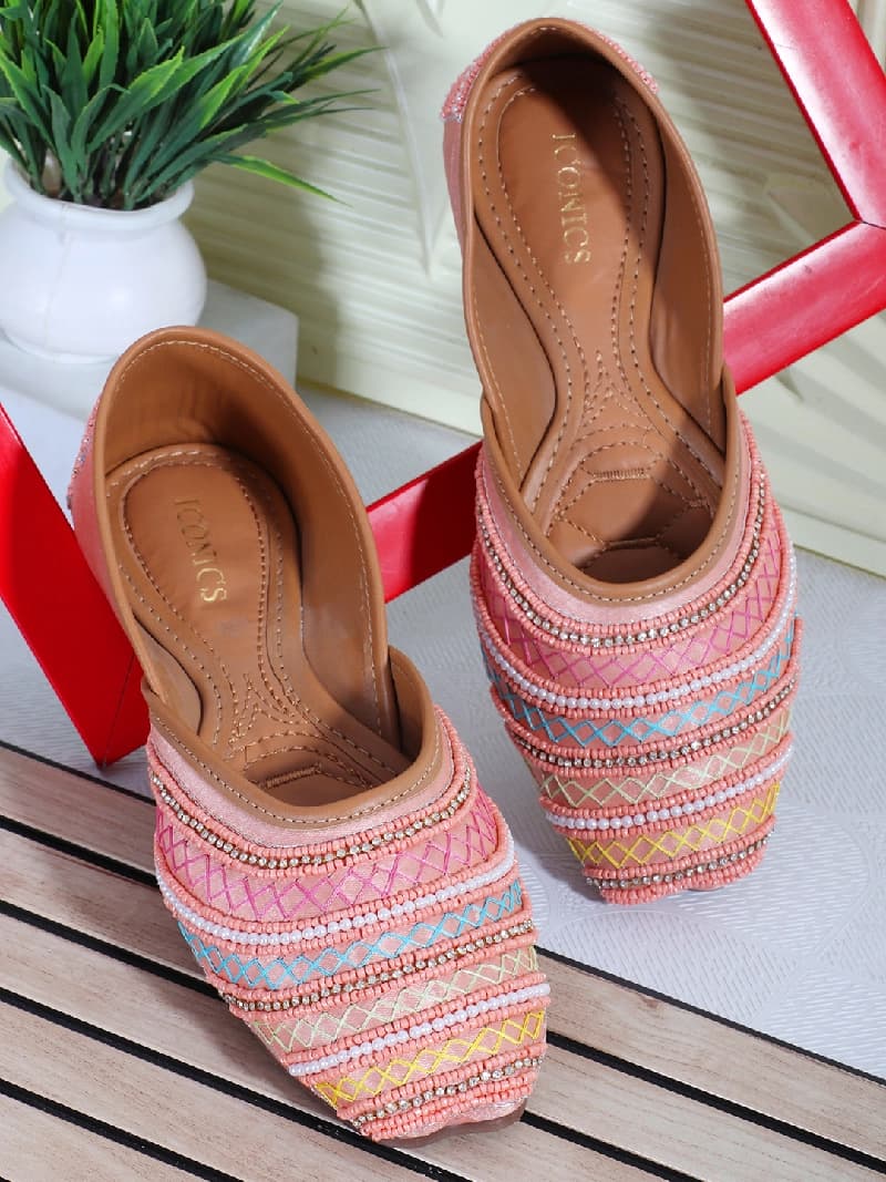 Women's Pink Ethnic Slip-On Casual Mojaris Shoes
