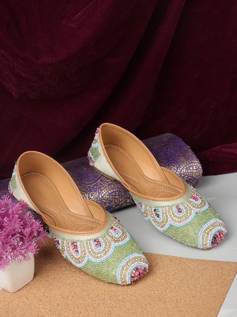 Women's Green Ethnic Slip-On Casual Mojaris Shoes