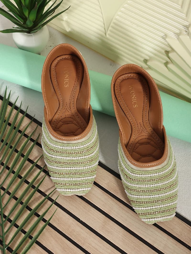 Women's Green Ethnic Slip-On Casual Mojaris Shoes
