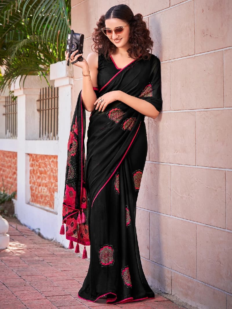 Women's Black Festive Regular Fit Saree