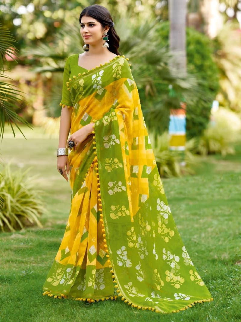 Women's Yellow Festive Regular Fit Saree