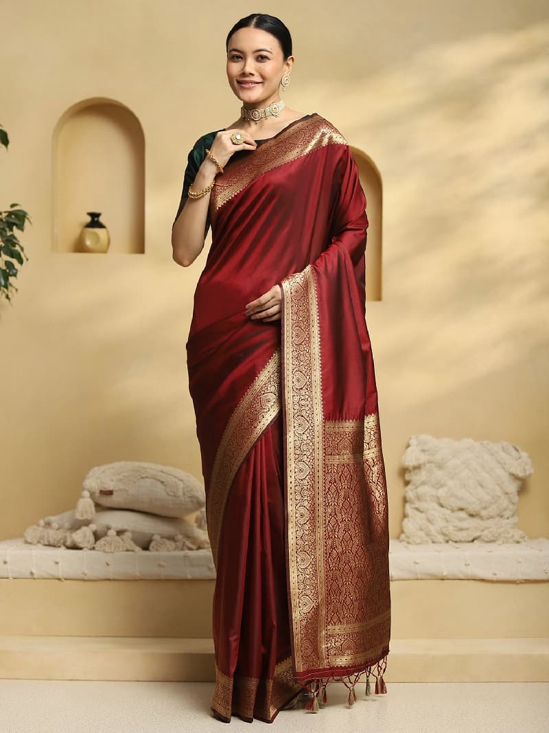 Women's Red Festive Regular Fit Saree