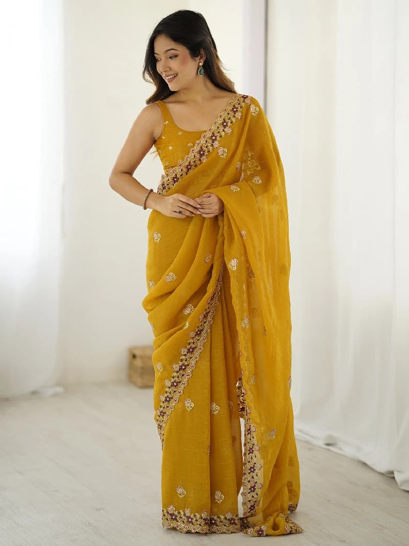Women's Yellow Festive Regular Fit Saree