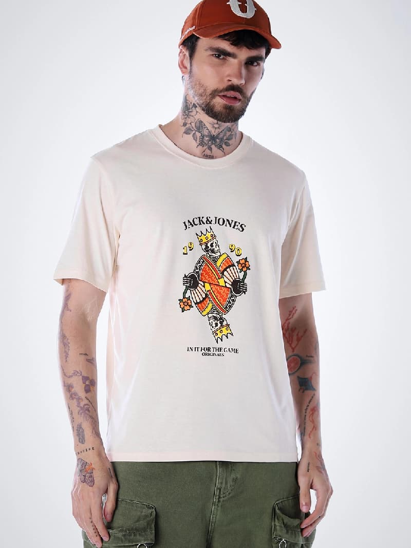 Men's Beige Casual Regular Fit Half Sleeves Tshirt