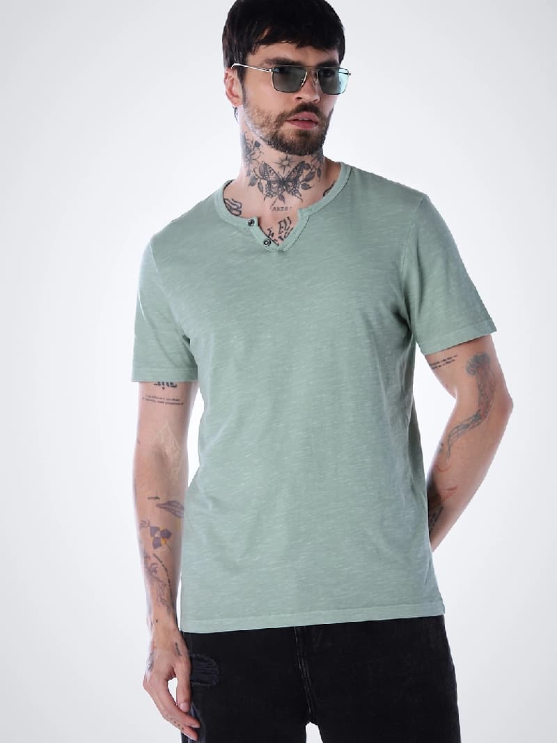 Men's Green Casual Regular Fit Half Sleeves Henley Tshirt