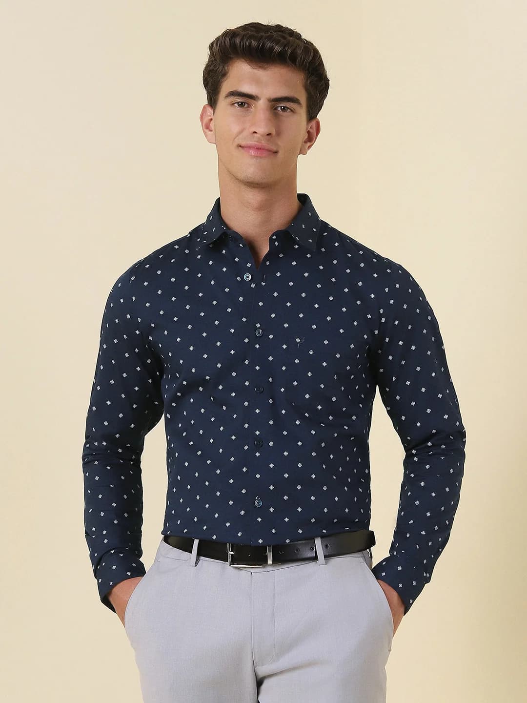 Men's Navy Formal Printed Regular Fit Cotton Shirt