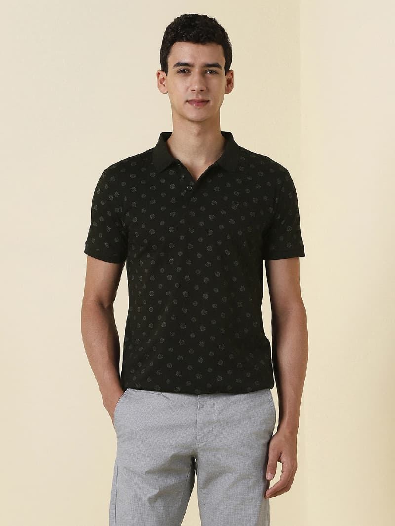 Men's Black Casual Printed Regular Fit Polo Tshirt