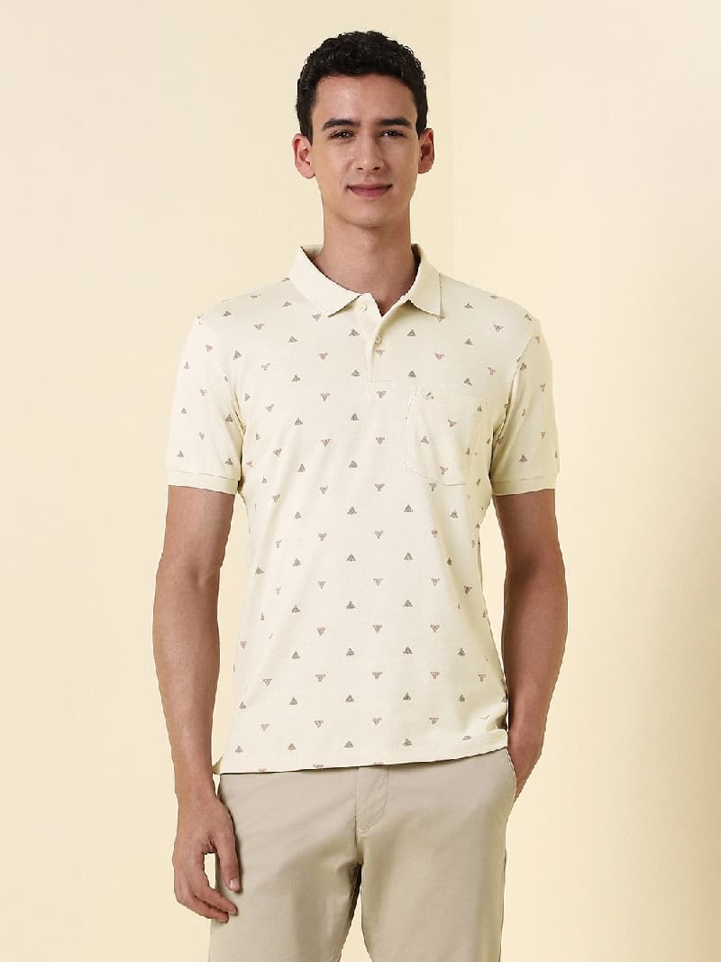 Men's Off White Casual Printed Regular Fit Polo Tshirt