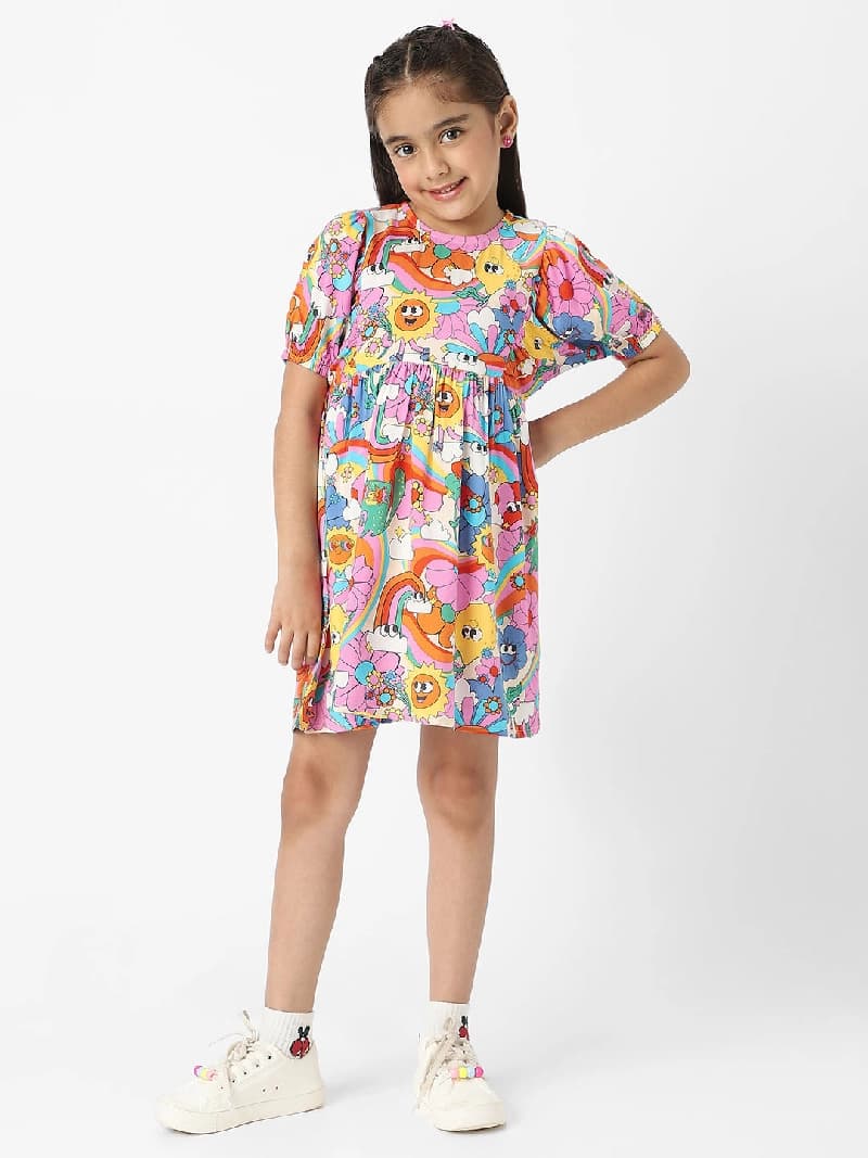 Girls Multicolor Casual Regular Fit Half Sleeves Dress