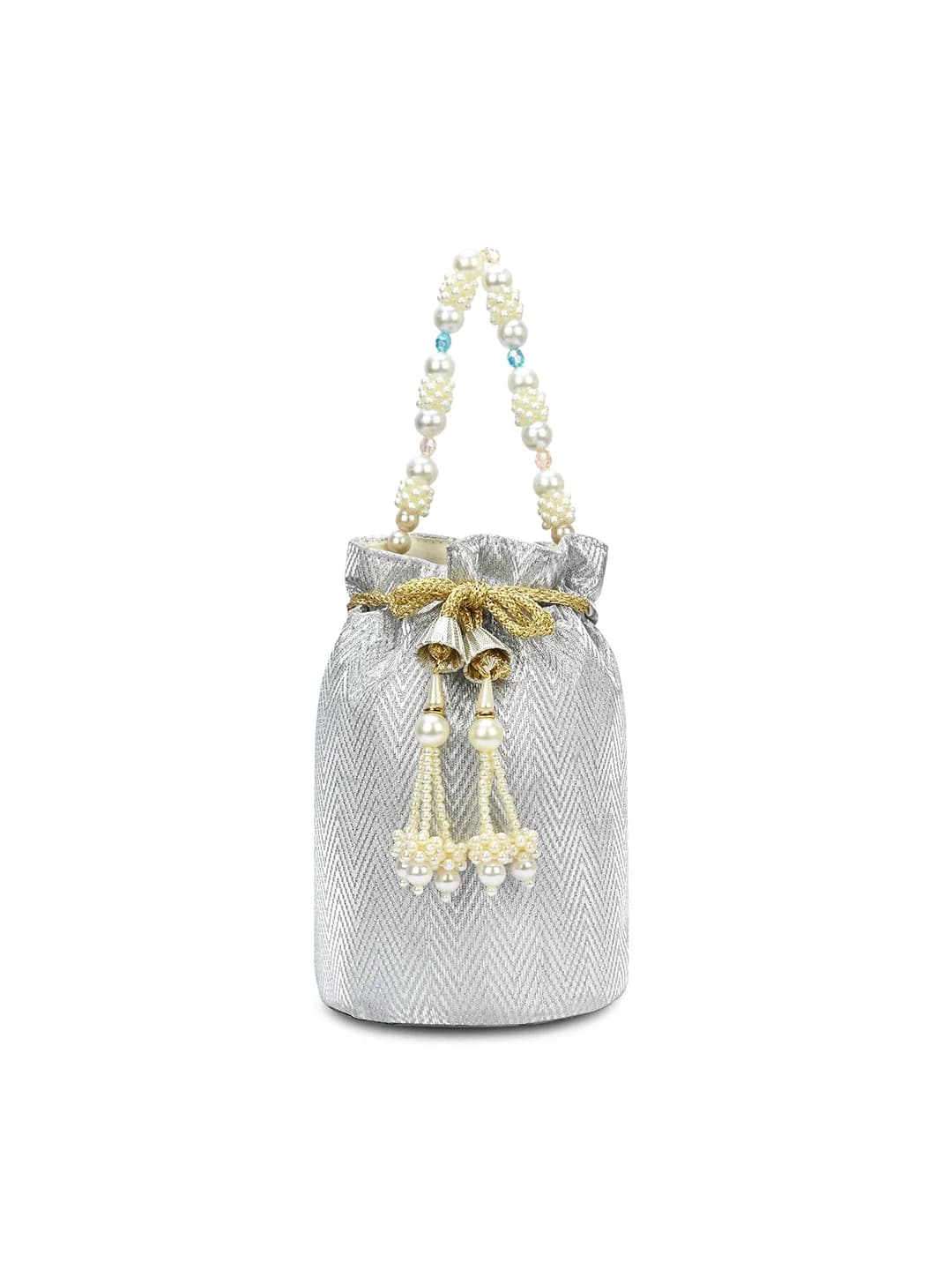 Women's Silver Fabric Signature Bisbee Pearl Handle Potli
