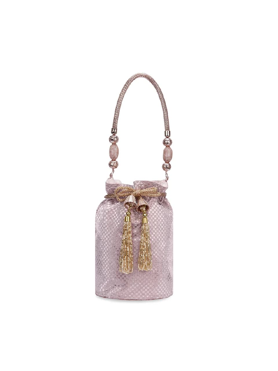 Women's Metallic Pink Fabric Signature Joplin Gold Handle Potli