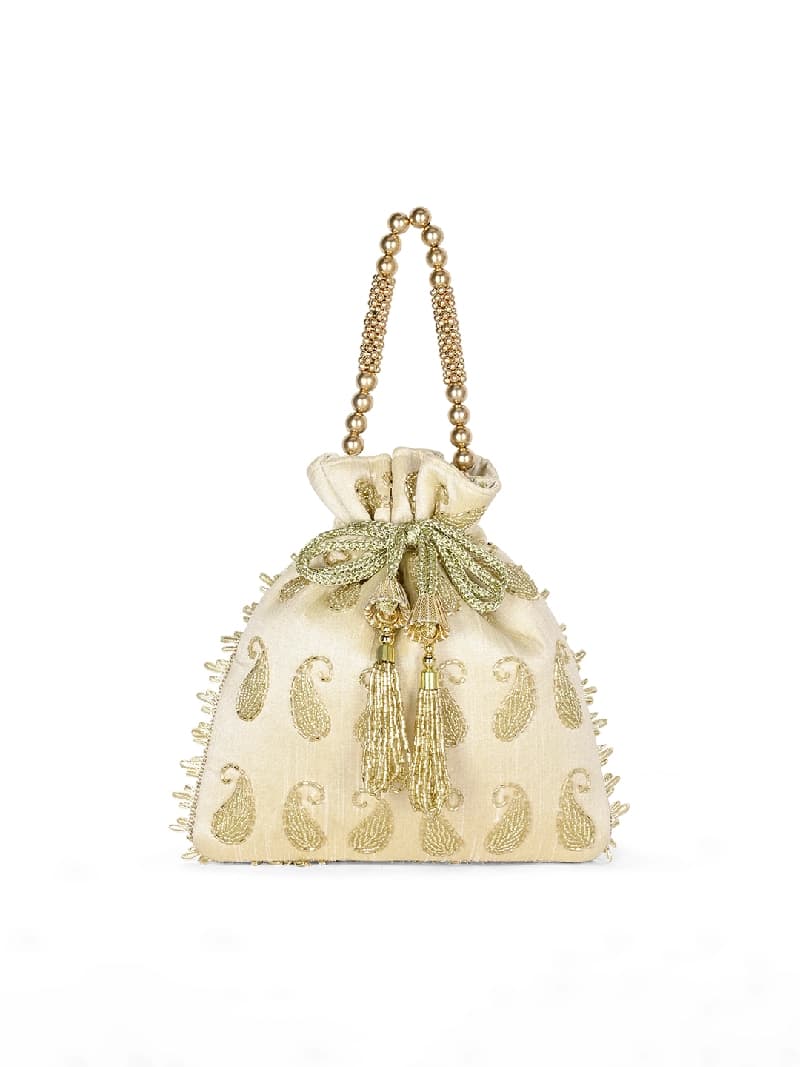 Women's Gold Metallic Fabric Signature Ely Paisley Embellished Potli