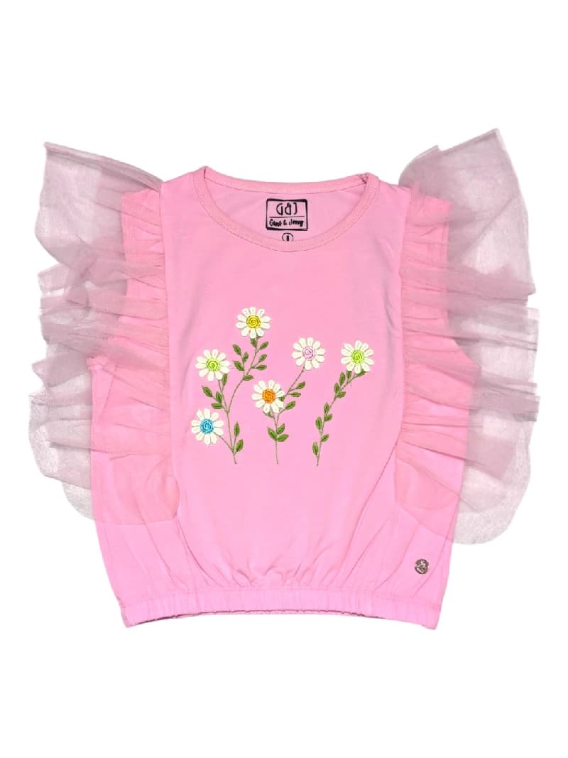 Girls Pink Casual Floral Half Sleeves Cropped Top