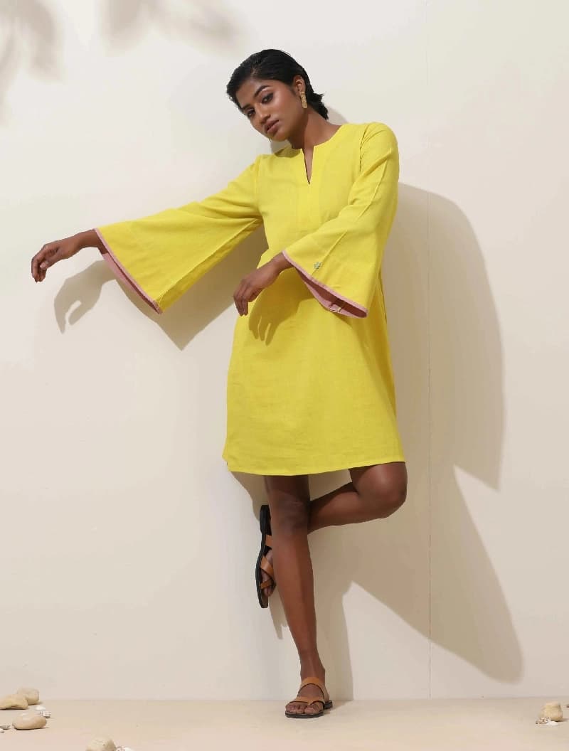 Women's Yellow Casual Solid Flared Fit Dress