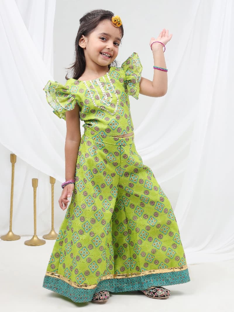 Girls Festive Raangoli Crop Top With Palazzo Co-Ordinate Set