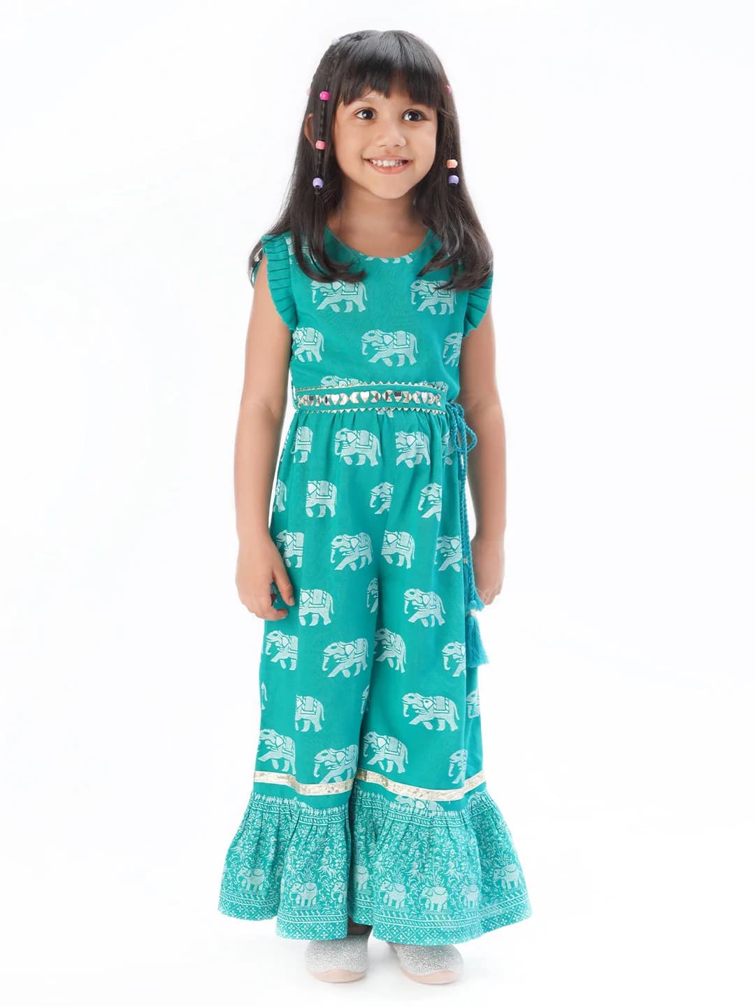 Girls Festive Green Jumper With Flared Bottom