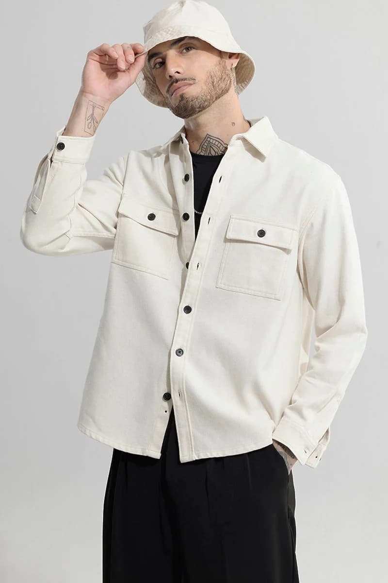 Men's White Casual Solid Regular Fit Cotton Shirt