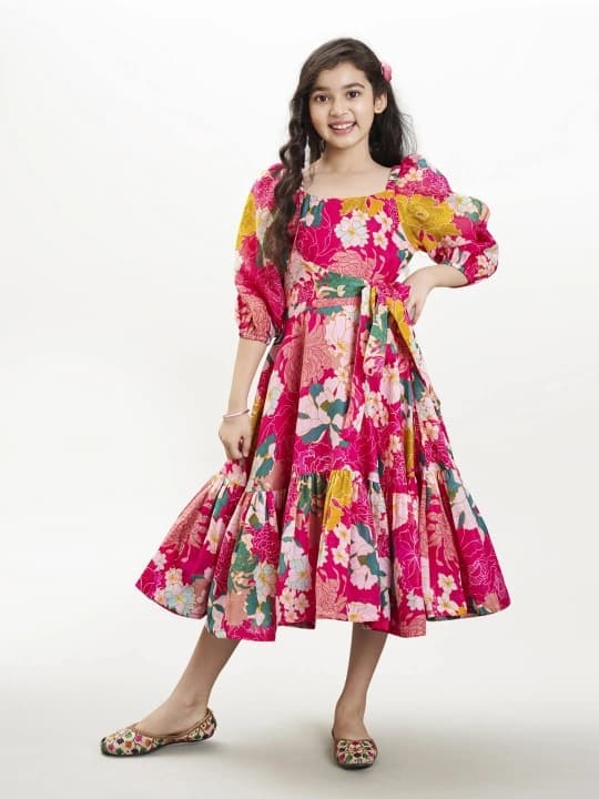 Girls Pink & White Floral Printed Dress