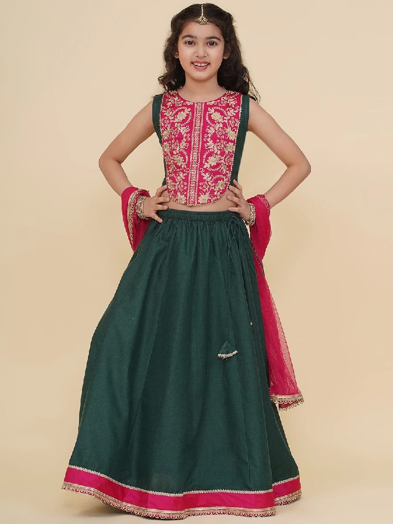 Girls Pink Embroidered Choli Green Ready to Wear Lehenga with Dupatta