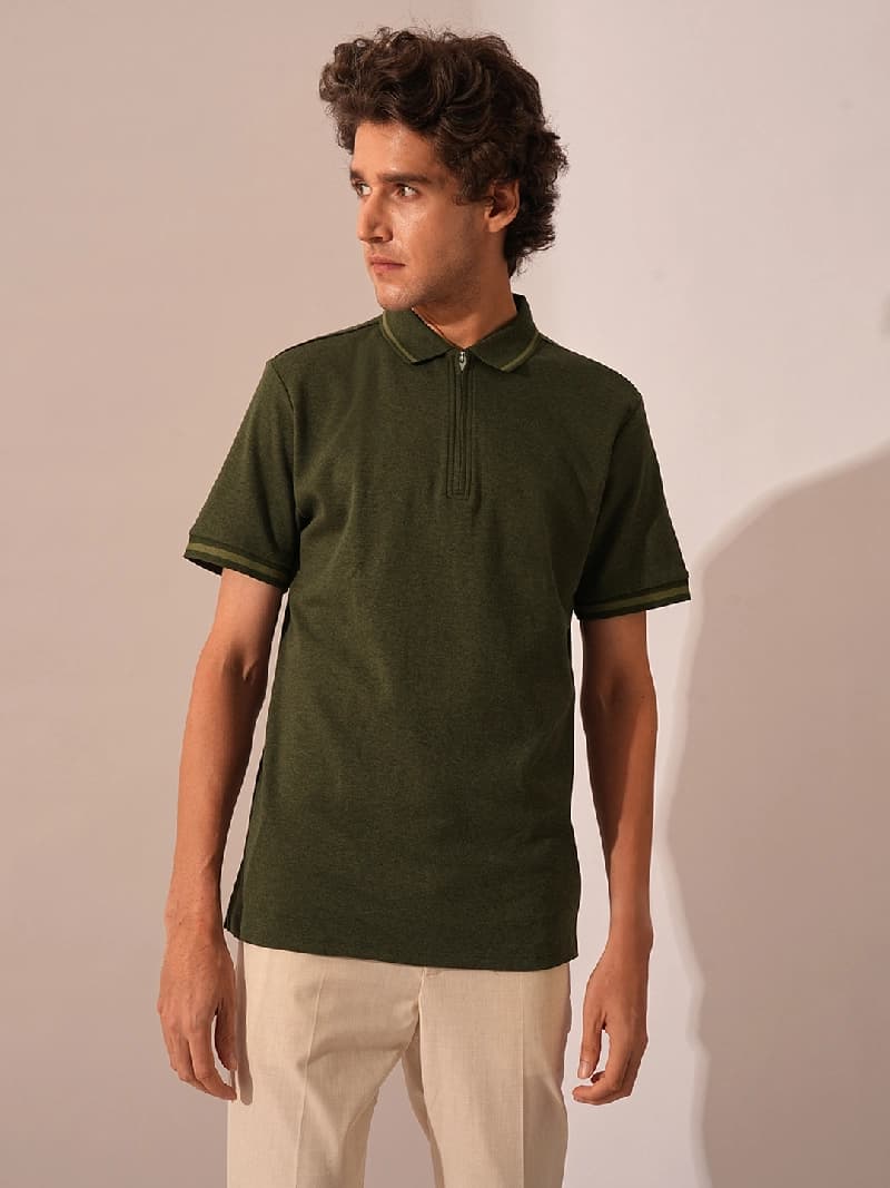 Men's Green Zipped Polo Tshirt