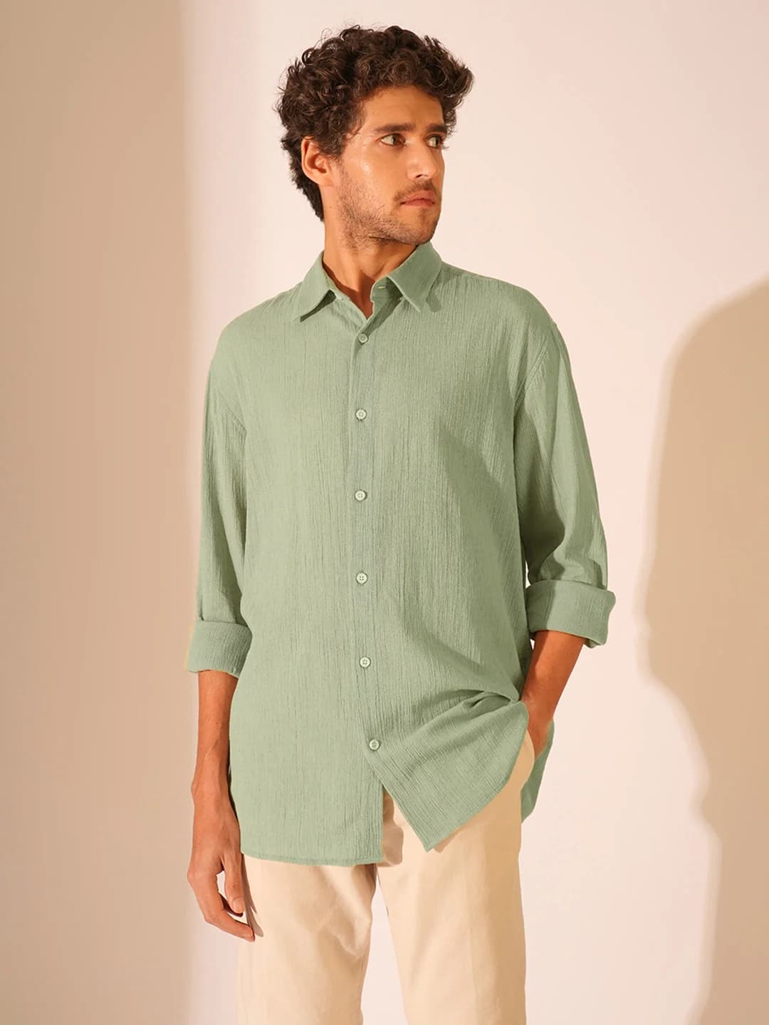 Men's Green Casual Full Sleeves Solid Cotton Shirt