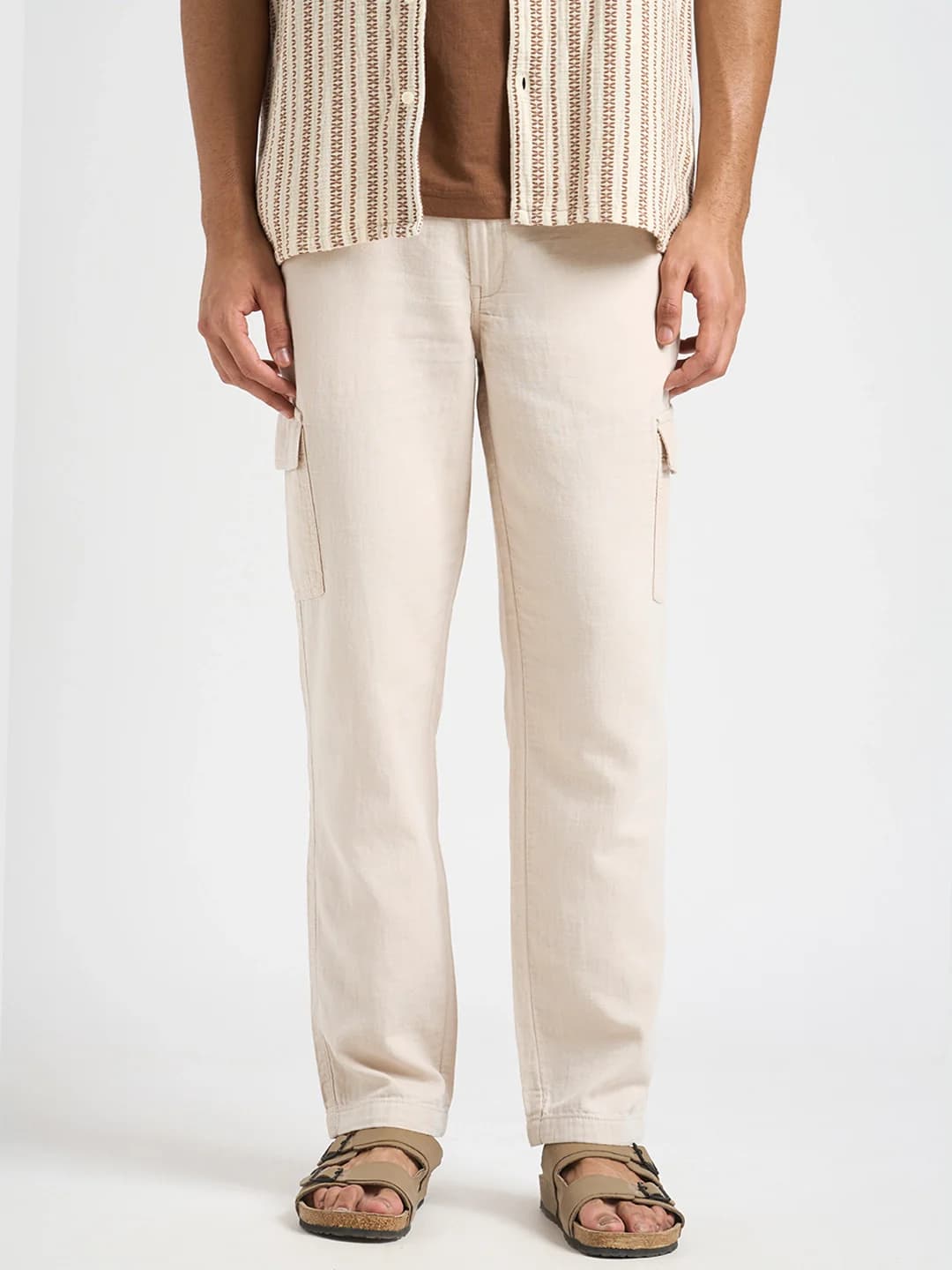 Men's White Casual Solid Cargo