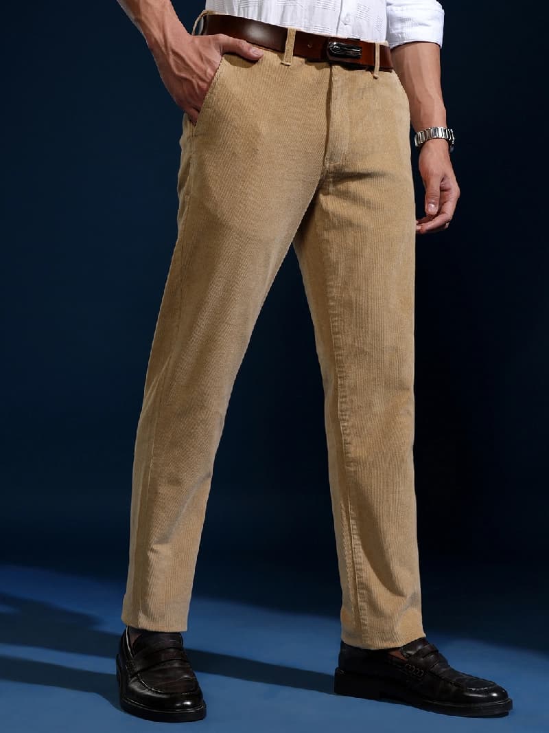 Men's Beige Casual Regular Fit Trouser