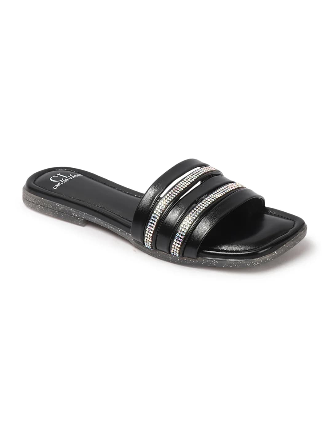 Women's Black Embellished Multi Strap Flat Slides