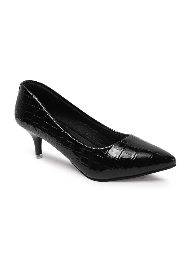 Women's Black Croc Embossed Pointed Toe Kitten Heel Pumps