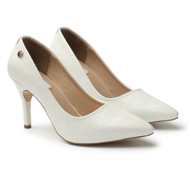 Women's White Textured Pointed Toe High Heels Pump