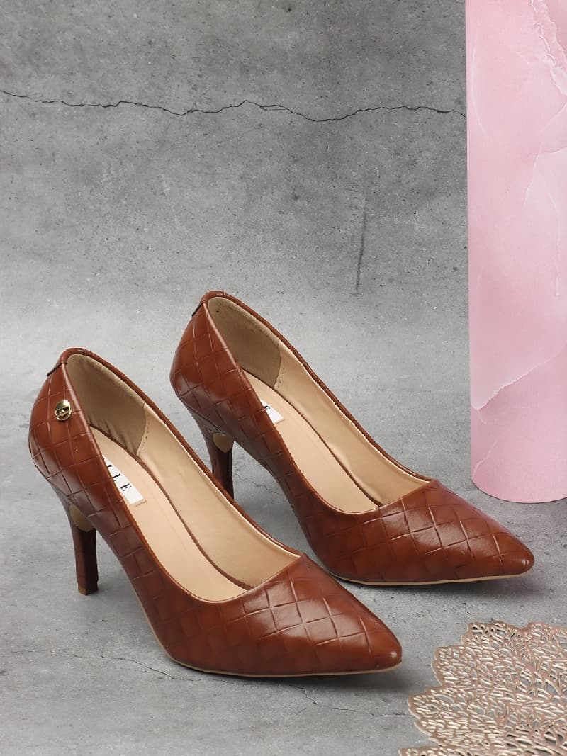 Women's Brown Textured Pointed Toe High Heels Pump