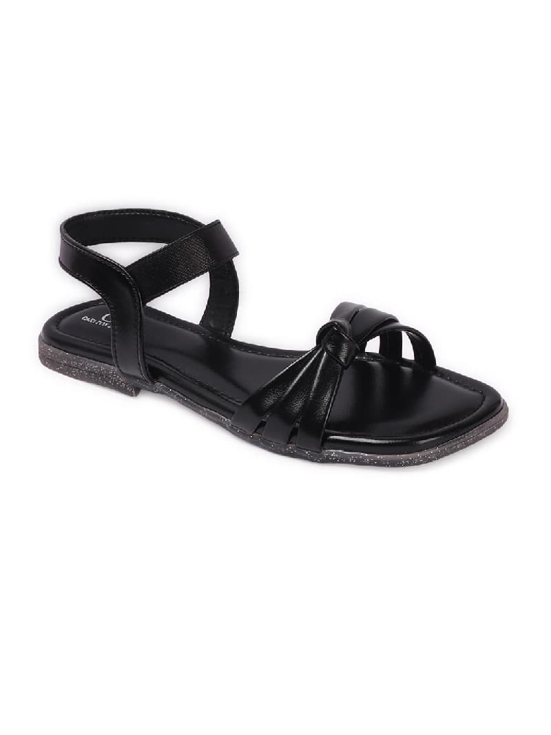 Women's Black Knotted Strap Flat Ankle Sandals
