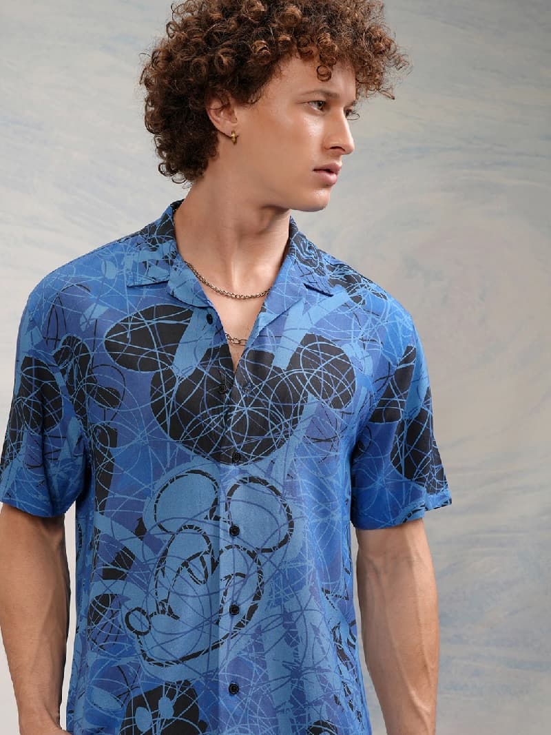 Men's Blue Casual Printed Regular Fit Shirt