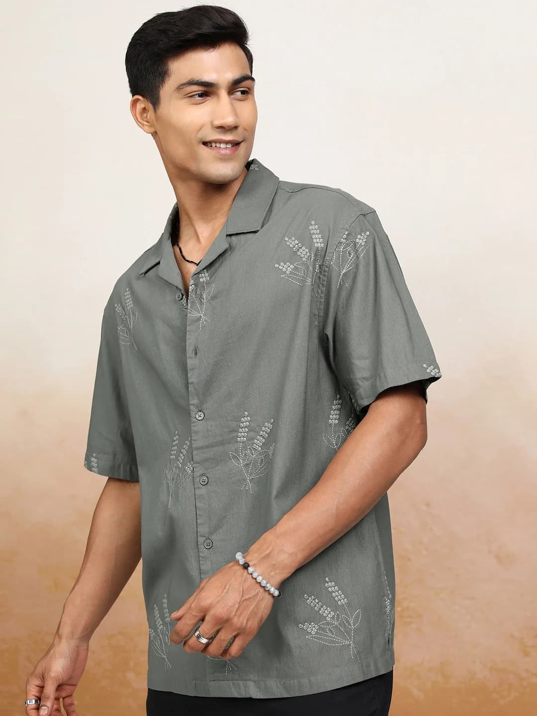 Men's Grey Casual Printed Oversized Fit Cotton Shirt