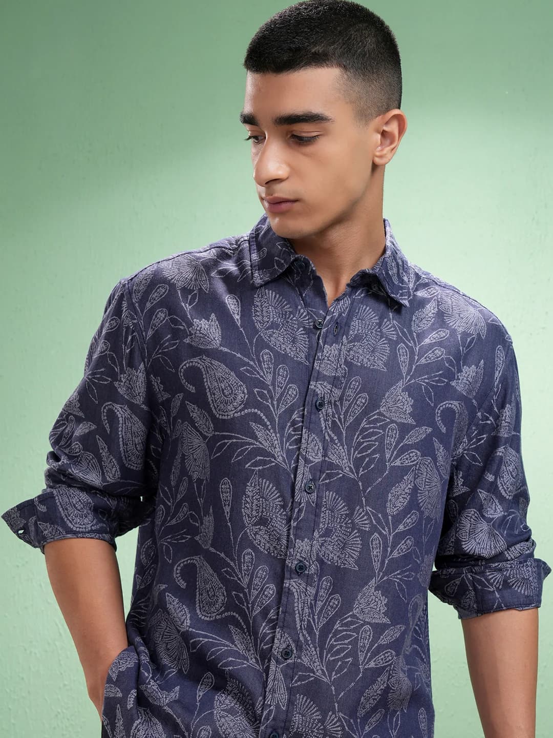 Men's Blue Casual Printed Regular Fit Cotton Shirt
