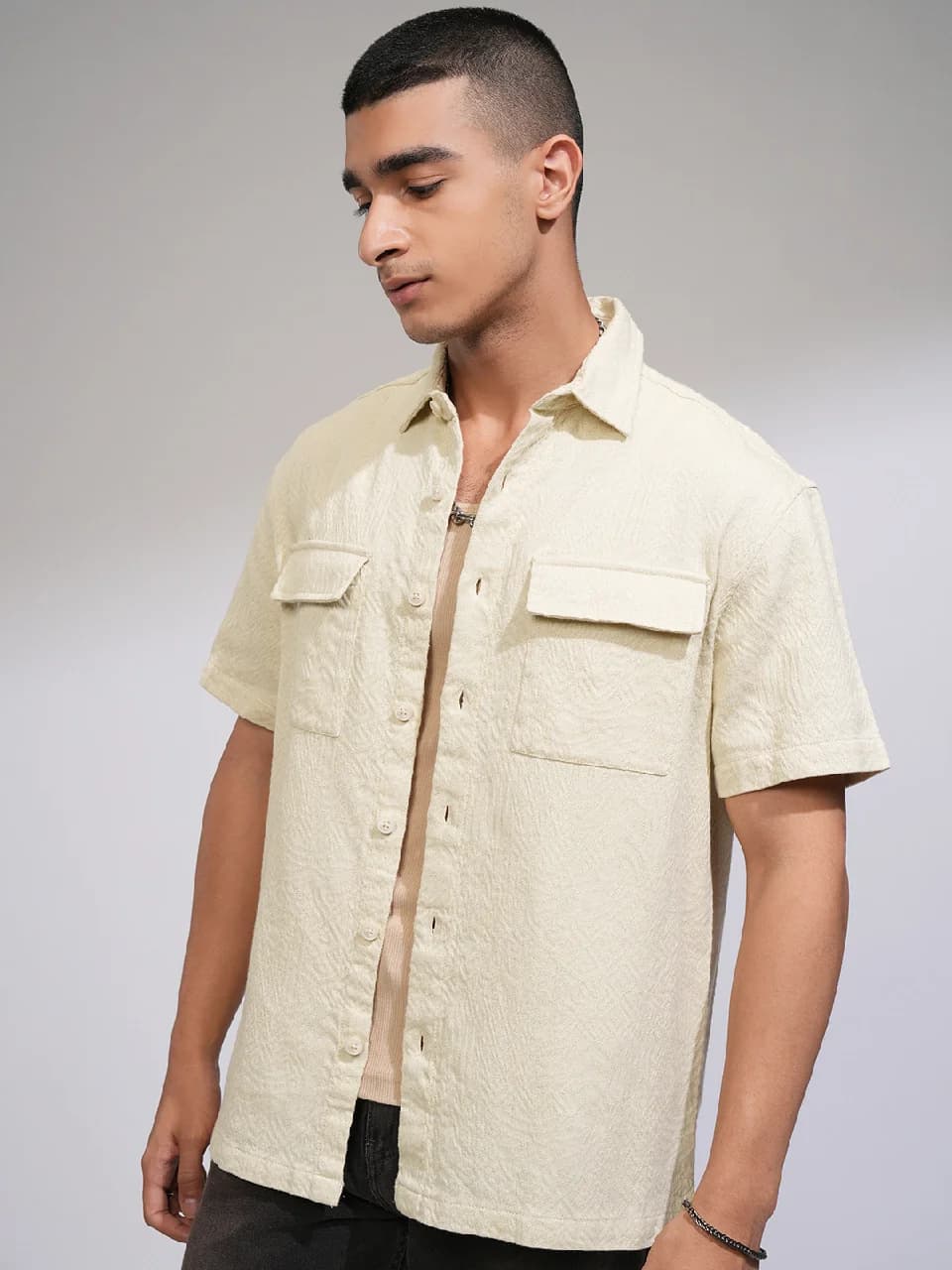 Men's Cream Casual Solid Oversized Fit Cotton Shirt