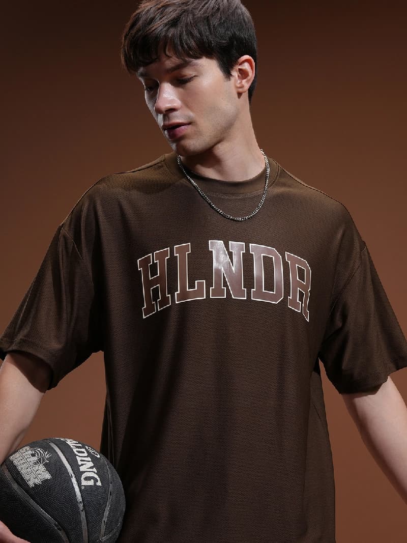 Men's Brown Casual Printed Oversized Fit Tshirt