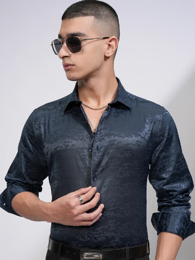 Men's Navy Casual Textured Slim Fit Shirt