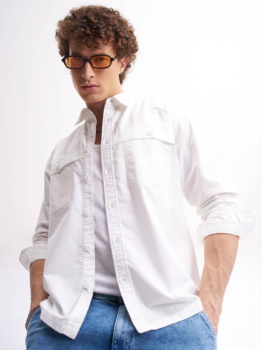 Men's White Casual Solid Regular Fit Cotton Shirt