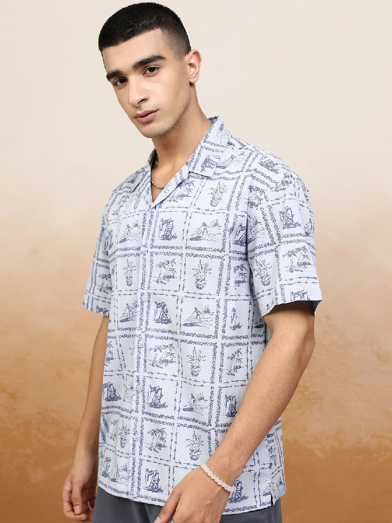 Men's Blue Casual Printed Regular Fit Shirt