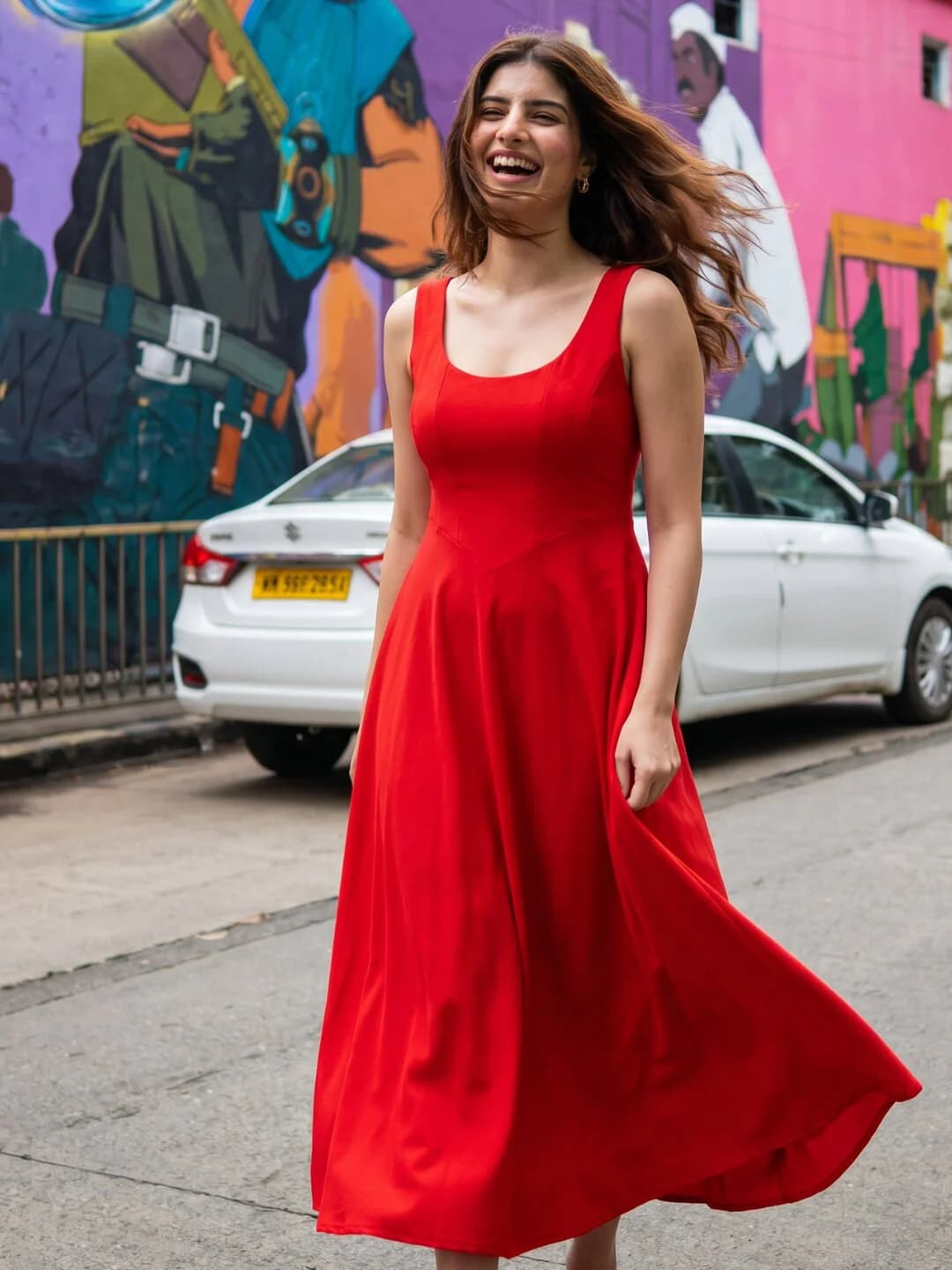 Women's Red Casual Solid Flared Fit Dress