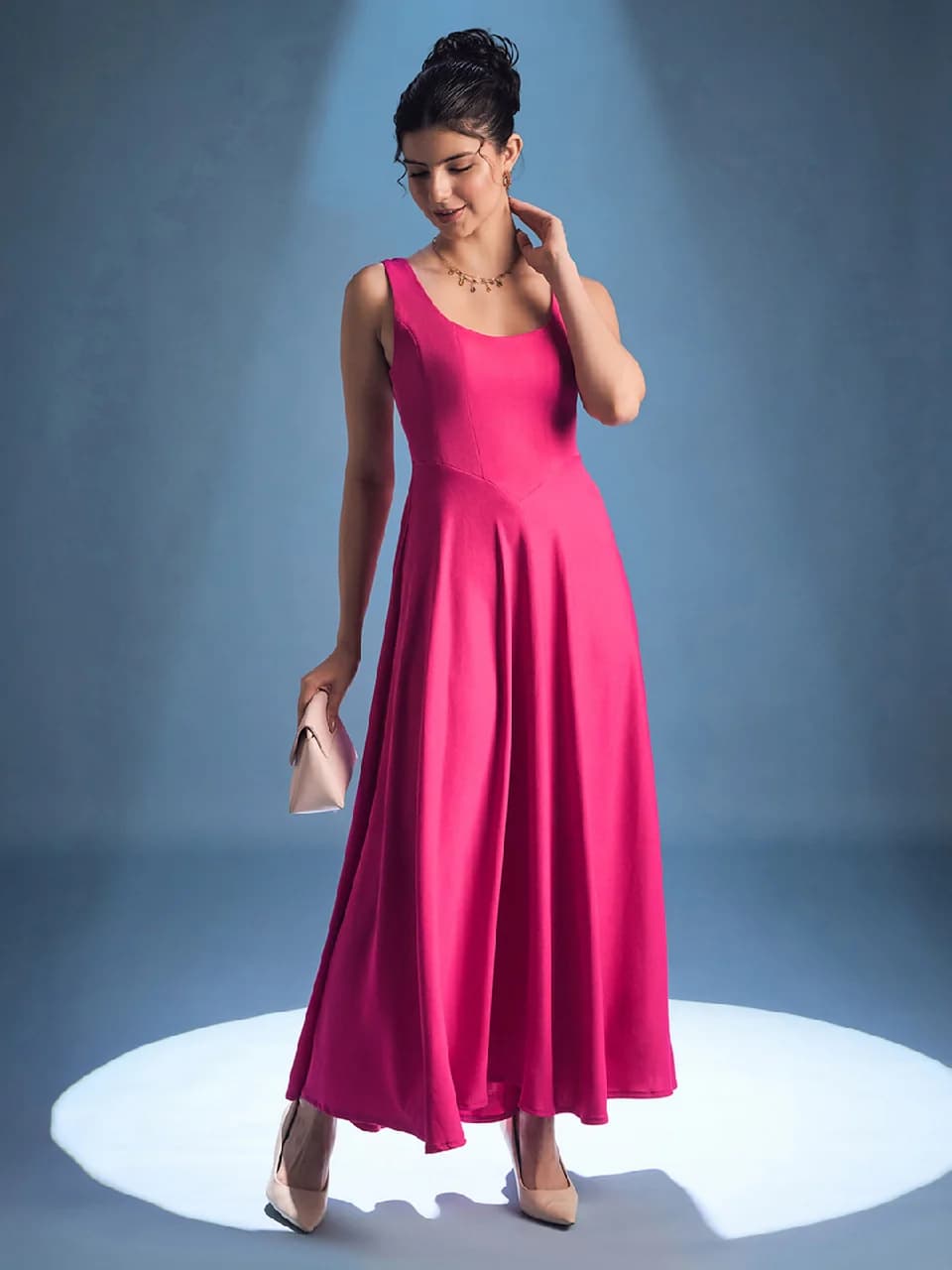 Women's Pink Casual Solid Flared Fit Dress