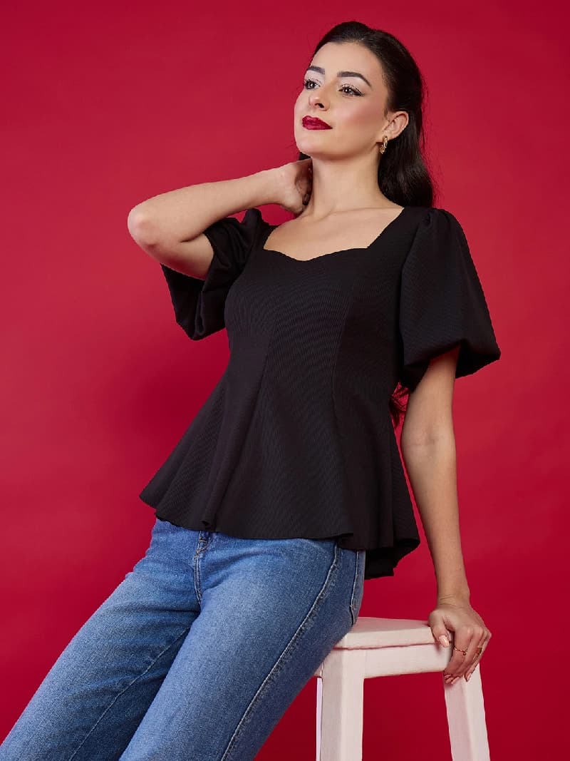Women's Black Casual Solid Regular Fit Top