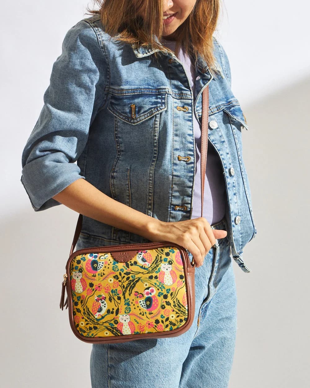 Women's Yellow PU Printed Double Strap Matte Jungle Stories Box Sling Bag
