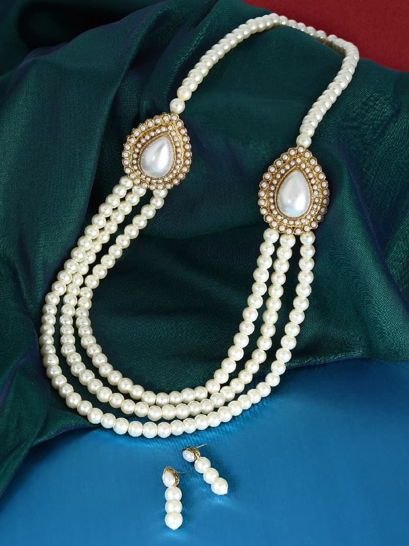 Women's Gold Tone Multilayers Pearls Long Necklace & Earring Set